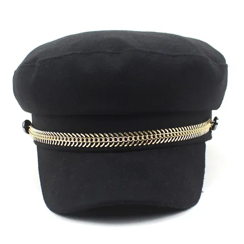 Vintage Newsboy Cap For Women Solid Color Cotton Blend Fiddler Hat With Gold Metal Chain Winter Warm Baker Boy Hat