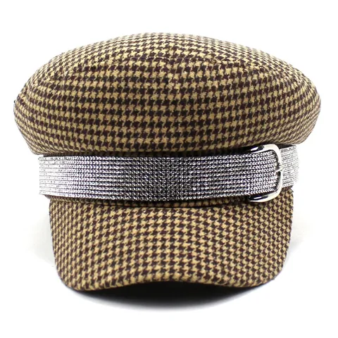 Vintage Houndstooth Newsboy Cap For Women With Rhinestone Belt Buckle Cotton Polyester British Style Autumn Winter Navy Hat