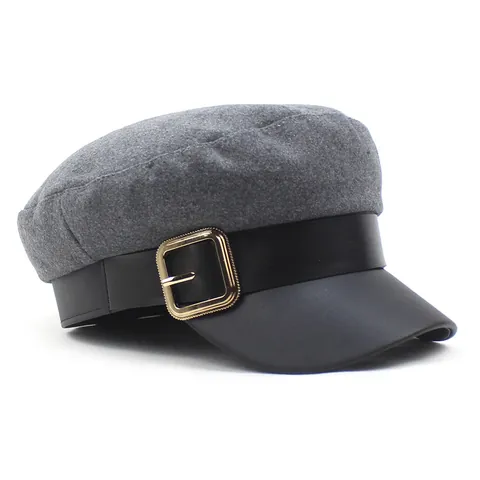Dames Retro Newsboy Cap Wolmix Vlakke Militair Petje Met Metalen Gesp Contrast PU-Lederen Rand Baker Boy Hat