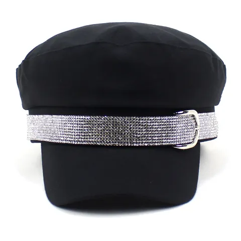 Dames Mode Strass Matrozenhoed Katoen Polyester Platte Bovenkant Fiddler Cap Met Metalen Gesp Voor Casual Reizen Buiten