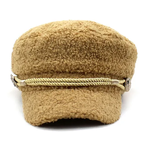 Women Winter Warm Newsboy Cap Vintage Teddy Fleece Navy Hat With Braided Rope Metal Button Retro Casual Baker Boy Hat