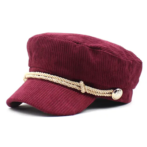 Vintage Corduroy Baker Boy Hat Women Fashion Flat Top Navy Cap With Braided Rope Gold Metal Buttons Autumn Winter Accessory