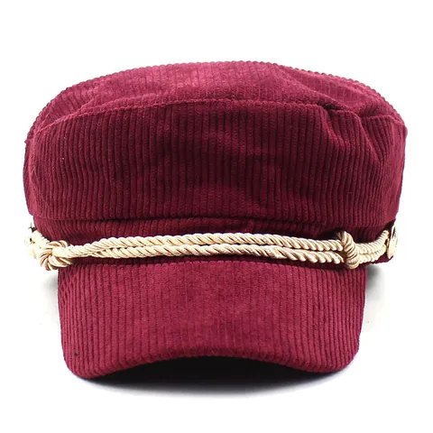 Vintage Corduroy Baker Boy Hat Women Fashion Flat Top Navy Cap With Braided Rope Gold Metal Buttons Autumn Winter Accessory
