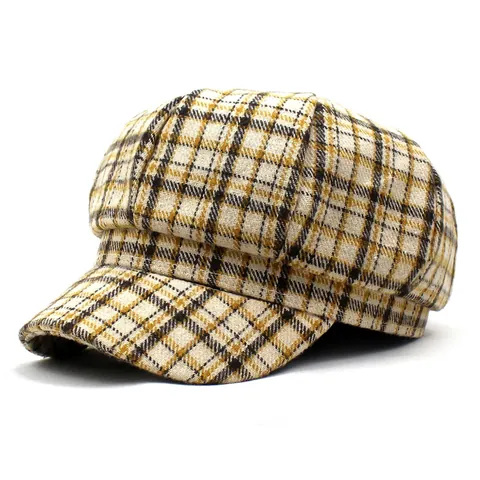 Vintage Britischer Stil Karo Schirmmütze Für Damen Herbst Winter Warm Baumwolle Oktogonales Hut Checked Baker Boy Mütze