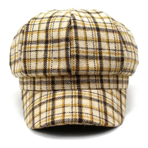 Vintage Britischer Stil Karo Schirmmütze Für Damen Herbst Winter Warm Baumwolle Oktogonales Hut Checked Baker Boy Mütze