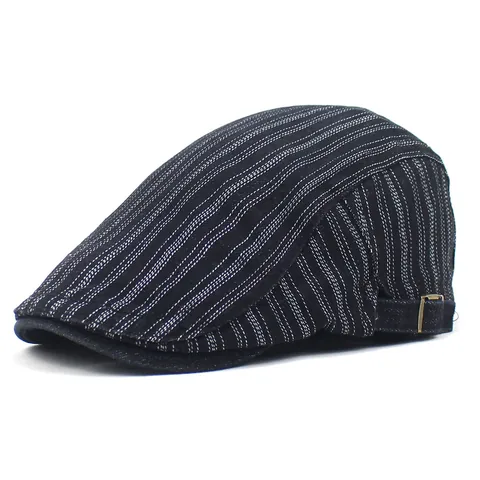Vintage Men Cotton Striped Newsboy Cap Adjustable Metal Buckle Breathable Sun Protection Outdoor Flat Cap Beret Hat