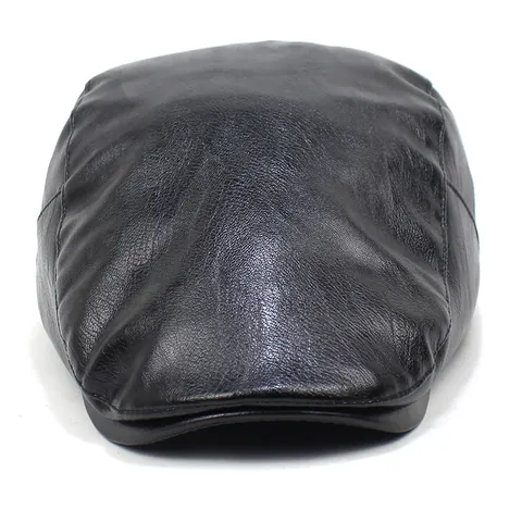 Vintage Men's PU Leather Flat Cap Solid Color Newsboy Ivy Hat Fashionable Cabbie Driving Beret Warm Adjustable Unisex Hat