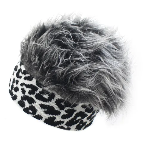 Divertente Cappello di Maglia con Capelli Finti per Uomo Donna Hip Hop Novità Parrucca Cappello Stampa Animale Zebra Leopardo Invernale
