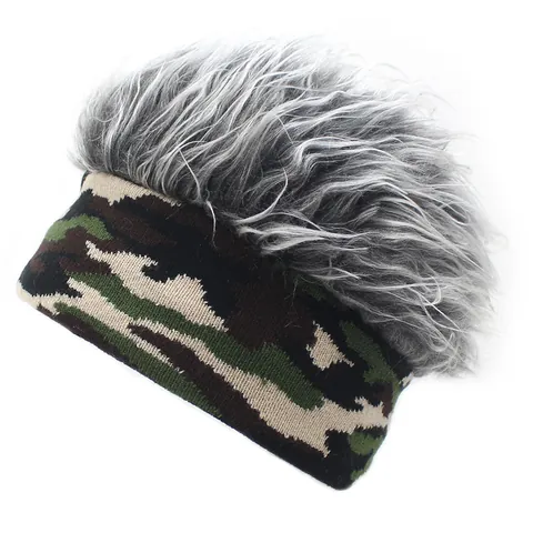 Camouflage Knitted Beanie Hat With Fake Hair Wig Novelty Funny Spiky Hair Cap For Men Women Winter Warm Outdoor Party Gift