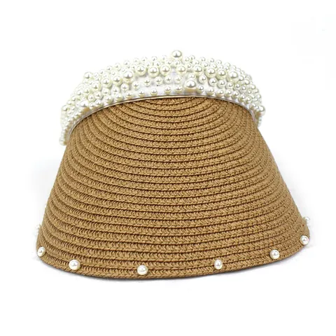 Eleganter Damen Sonnenvisier Hut Oben Offen Strohgeflecht Weiße Künstliche Perle Dekoration Breite Krempe UV-Schutz Sommer Strand Accessoires