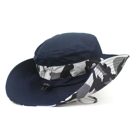 Men's Outdoor Wide Brim Bucket Hat Camouflage Patchwork Summer Sun Hat Windproof Fisherman Hat With Chin Strap For Hiking Fishing