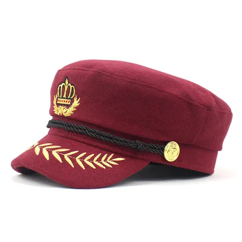 Gorra de Marinero Estilo Británico para Mujer Bordado Corona de Oro Gorra Militar Plana Con Decoración de Cuerda