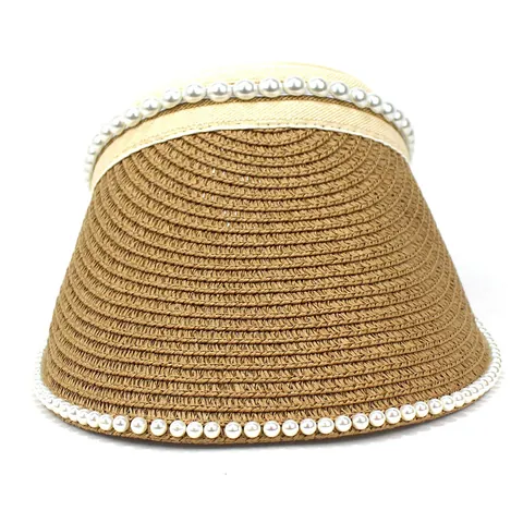 Women Elegant Paper Straw Visor Hat Artificial Pearl Decoration Large Brim Foldable Sun Protection Beach Holiday Travel Sun Hat