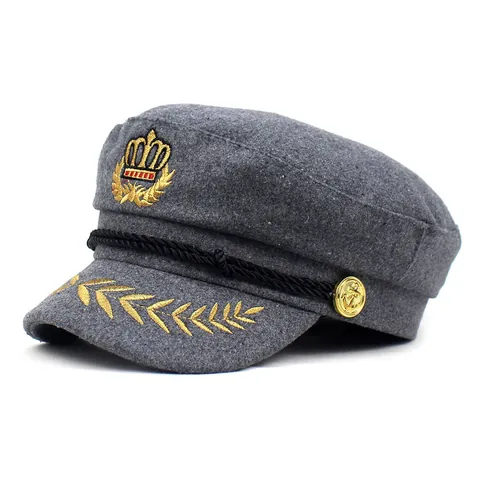 Gorra de Marinero Estilo Británico para Mujer Bordado Corona de Oro Gorra Militar Plana Con Decoración de Cuerda