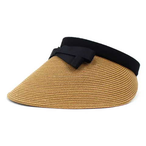 Women Summer Straw Visor Hat Wide Brim Sun Protection Breathable Beach Hat With Bowknot Elegant Foldable Open Top Sun Hat