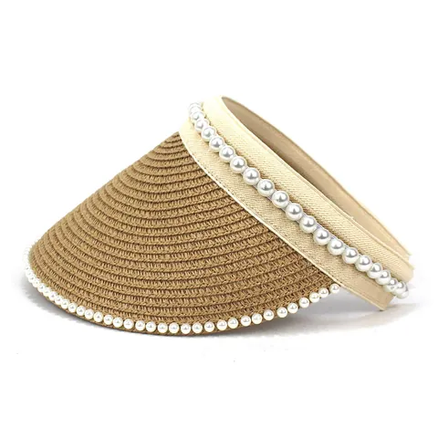 Women Elegant Paper Straw Visor Hat Artificial Pearl Decoration Large Brim Foldable Sun Protection Beach Holiday Travel Sun Hat
