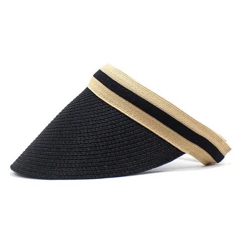 Women Summer Straw Woven Sun Visor Hat Wide Brim Open Top Sunscreen Beach Cap With Striped Elastic Band Fashion Visor