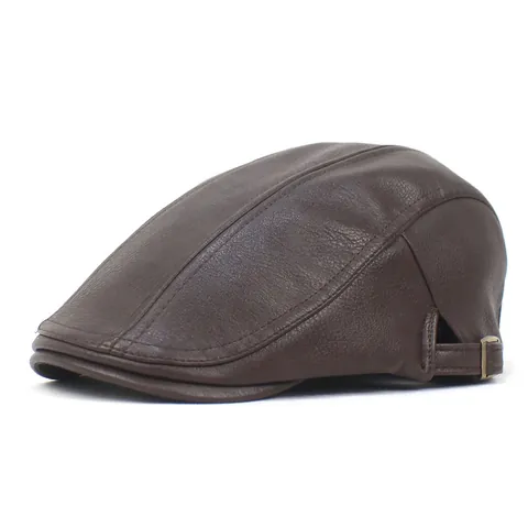Vintage PU Leather Ivy Cap For Men Women Adjustable Solid Color Newsboy Beret Flat Cap Outdoor Windproof Driving Hunting Hat