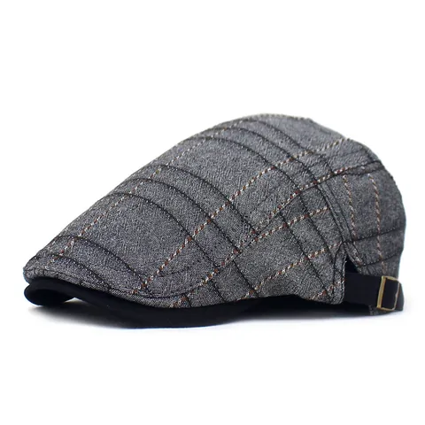 Vintage Men's Cotton Striped Flat Cap Adjustable British Style Beret Newsboy Hat For Casual Daily Outdoor Travel Shading