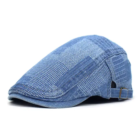 Retro Denim Patchwork Platte Pet Voor Heren Dames Vintage Katoen Newsboy Baret Verstelbare Cabbie Driving Hat Zonnescherm Accessoire
