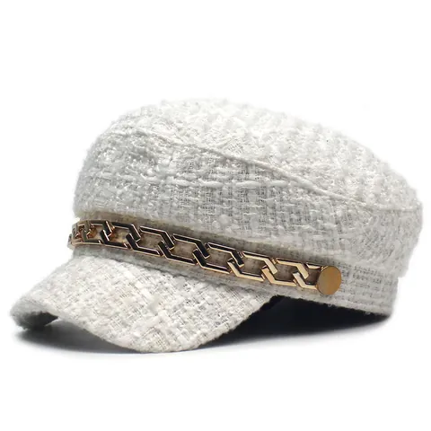 Cappello Newsboy in Tweed Stile Francese per Donna Catena Dorata Vintage Berretto Navy Elegante Autunno Inverno Baker Boy Hat