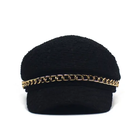 Cappello Newsboy in Tweed Vintage per Donna Con Catena in Metallo Dorato Elegante Baker Boy Berretto Invernale Casual