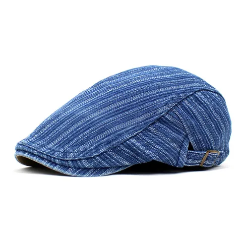 Vintage Striped Cotton Denim Newsboy Cap For Men Women Adjustable Retro British Style Ivy Flat Cap Casual Sunshade Hat