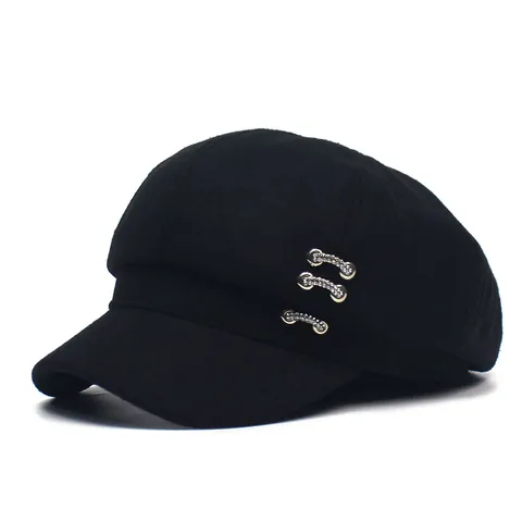 Berretto Newsboy da Donna Nero Cappello Ottagonale Con Decorazione in Metallo Strass Casual Trama Lanosa Baker Boy Autunno Inverno