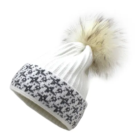 Women's Winter Warm Knitted Beanie Hat With Fur Pom-Pom Silver Glitter Star Pattern Ribbed Cuff Pullover Cap Outdoor Fashion Hat
