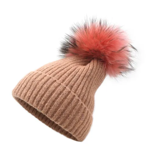 Berretto Donna Invernale in Maglia a Costine Con Pompon in Pelliccia di Procione Caldo Acrilico Tinta Unita