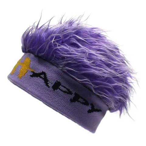 Novelty HAPPY Letter Knit Beanie Hat With Fluffy Wig Synthetic Hair Hip Hop Streetwear Party Hat For Men Women