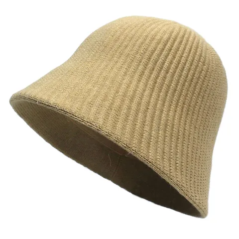 Women Solid Color Wool Bucket Hat Winter Warm Knitted Basin Hat Portable Ribbed Knit Fisherman Hat For Cold Weather