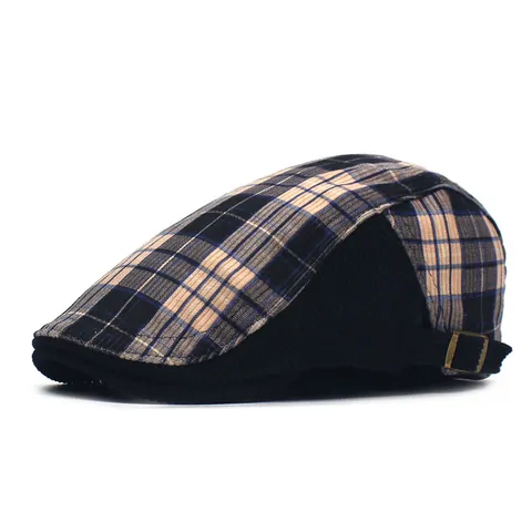 Unisex Retro Plaid Patchwork Flat Cap British Style Corduroy Newsboy Beret Hat With Adjustable Buckle For Winter Autumn Warmth