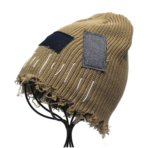 Men Distressed Knit Beanie Hat Vintage Patchwork Streetwear Hip Hop Winter Warm Pullover Skull Cap Acrylic Texture Hat