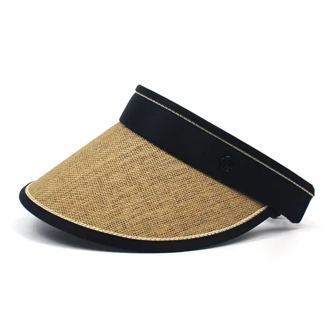 Women Foldable Paper Straw Visor Sun Hat PVC Brim Portable Roll Up Summer Beach Wide Brim Sun Protection UV Open Top Hat