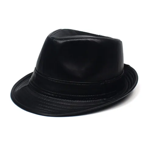 Unisex Vintage PU Leather Fedora Hat Rolled Brim Short Brim Jazz Hat Fashion Solid Color Waterproof Outdoor Party Cap