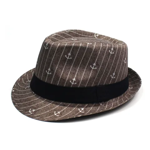 Chapeau Fedora Nautique Motif Ancre et Rayures pour Hommes Femmes Polyester Protection Solaire Chapeau Jazz Accessoire de Mode
