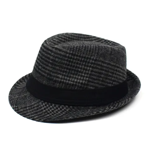 Herren Vintage Britischer Stil Karierter Fedora Hut Lässiger Polyester Baumwolle Jazz Hut Mit Schwarzem Band Für Den Täglichen Sonnenschutz