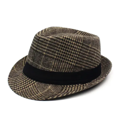 Herren Vintage Britischer Stil Karierter Fedora Hut Lässiger Polyester Baumwolle Jazz Hut Mit Schwarzem Band Für Den Täglichen Sonnenschutz