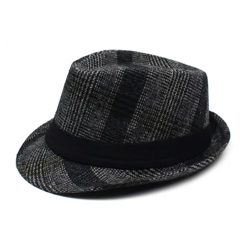 Chapeau Fedora à Carreaux Vintage pour Hommes Style Britannique Mélange de Coton Chapeau de Jazz Petit Bord Protection Solaire Décontracté Accessoire