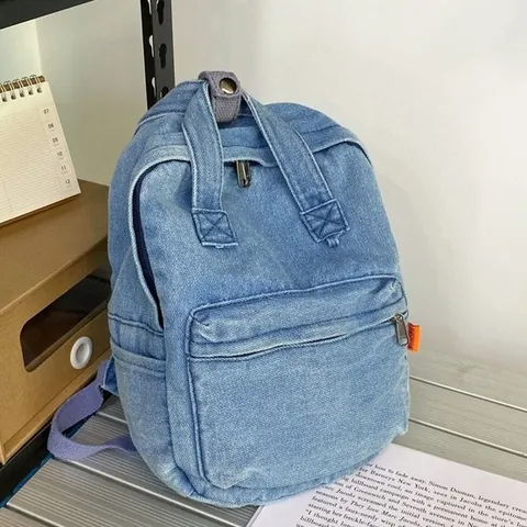 Washed Denim Backpack For Women Preppy Style School Bag Casual Travel Rucksack With Adjustable Straps Dark Light Blue
