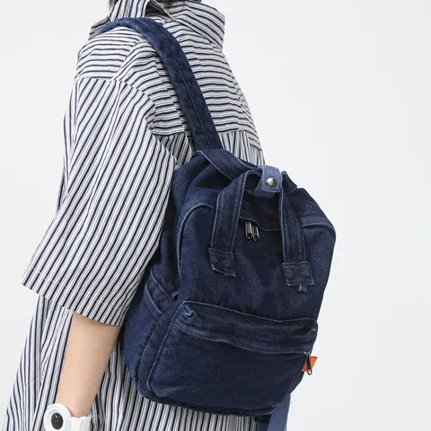 Washed Denim Backpack For Women Preppy Style School Bag Casual Travel Rucksack With Adjustable Straps Dark Light Blue