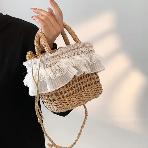 Sac Seau En Paille Tissée Avec Bordure En Dentelle Pour Vacances À La Plage Sac Bandoulière Avec Doublure Cordon Femme