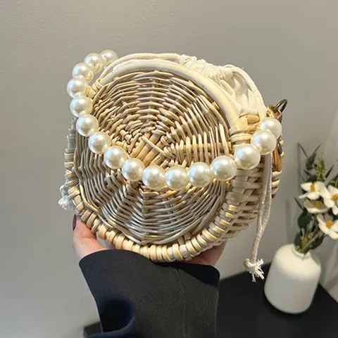 Gevlochten Stro Rotan Ronde Crossbody Tas Dames Zomer Strand Vakantie Tas Met Kunstparel Handvat En Koordsluiting