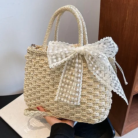 Sac à Main en Paille Tissée pour Femmes Décoration de Nœud en Dentelle Été Plage Vacances Sac à Bandoulière Style Forêt