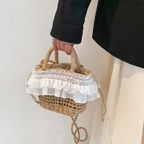 Sac Seau En Paille Tissée Avec Bordure En Dentelle Pour Vacances À La Plage Sac Bandoulière Avec Doublure Cordon Femme