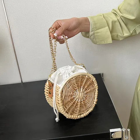 Gevlochten Stro Rotan Ronde Crossbody Tas Dames Zomer Strand Vakantie Tas Met Kunstparel Handvat En Koordsluiting
