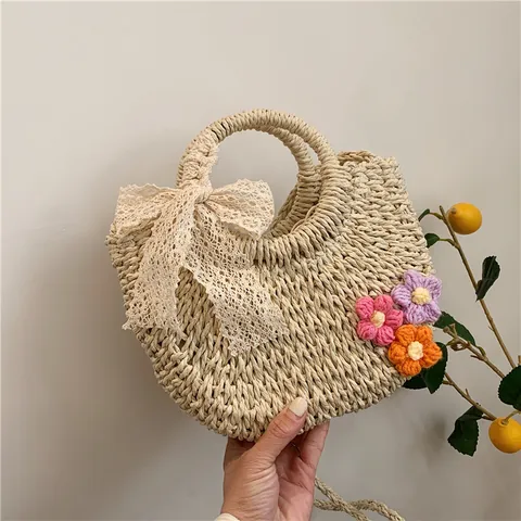 Borsa a Mano in Paglia da Donna Con Fiocco in Pizzo Fiore all'Uncinetto Semicerchio Mare Estate Tracolla Beige Cachi