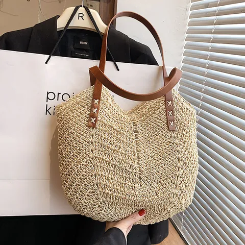 Borsa a Spalla in Paglia Intrecciata da Donna Grande Capacità Estate Spiaggia Vacanza Stile Foresta Tote Bag Con Manico in Pelle PU Fibbia Magnetica