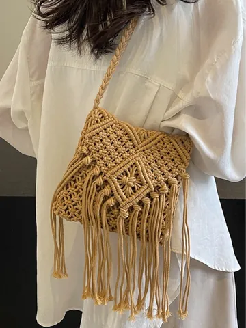 Bohemian Cotton Rope Handwoven Fringe Crossbody Bag For Women Vacation Beach Shoulder Bag With Geometric Pattern